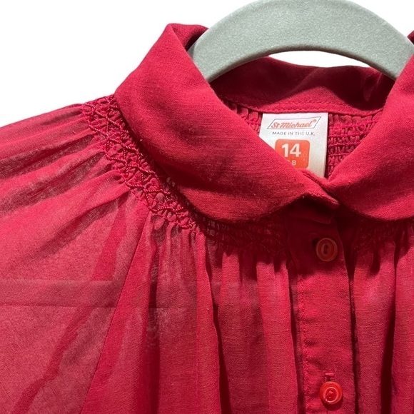 Vintage St. Michael 80’s Semi Sheer Cotton Blend Smocked Blouse Round Collar 10 - Picture 10 of 11